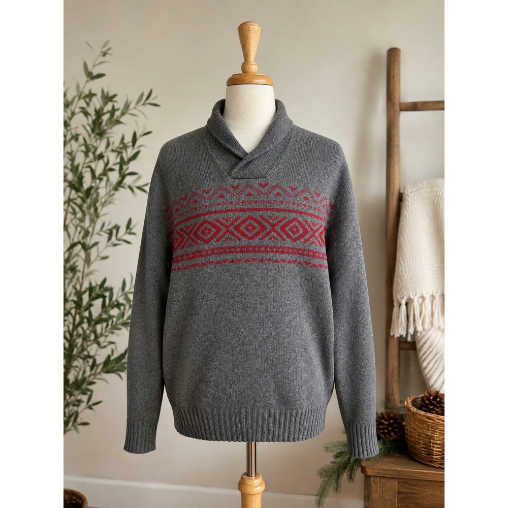 Eddie Bauer Mens XL Gray Red Fair Isle Wool Blend Shawl Collar Pullover Sweater